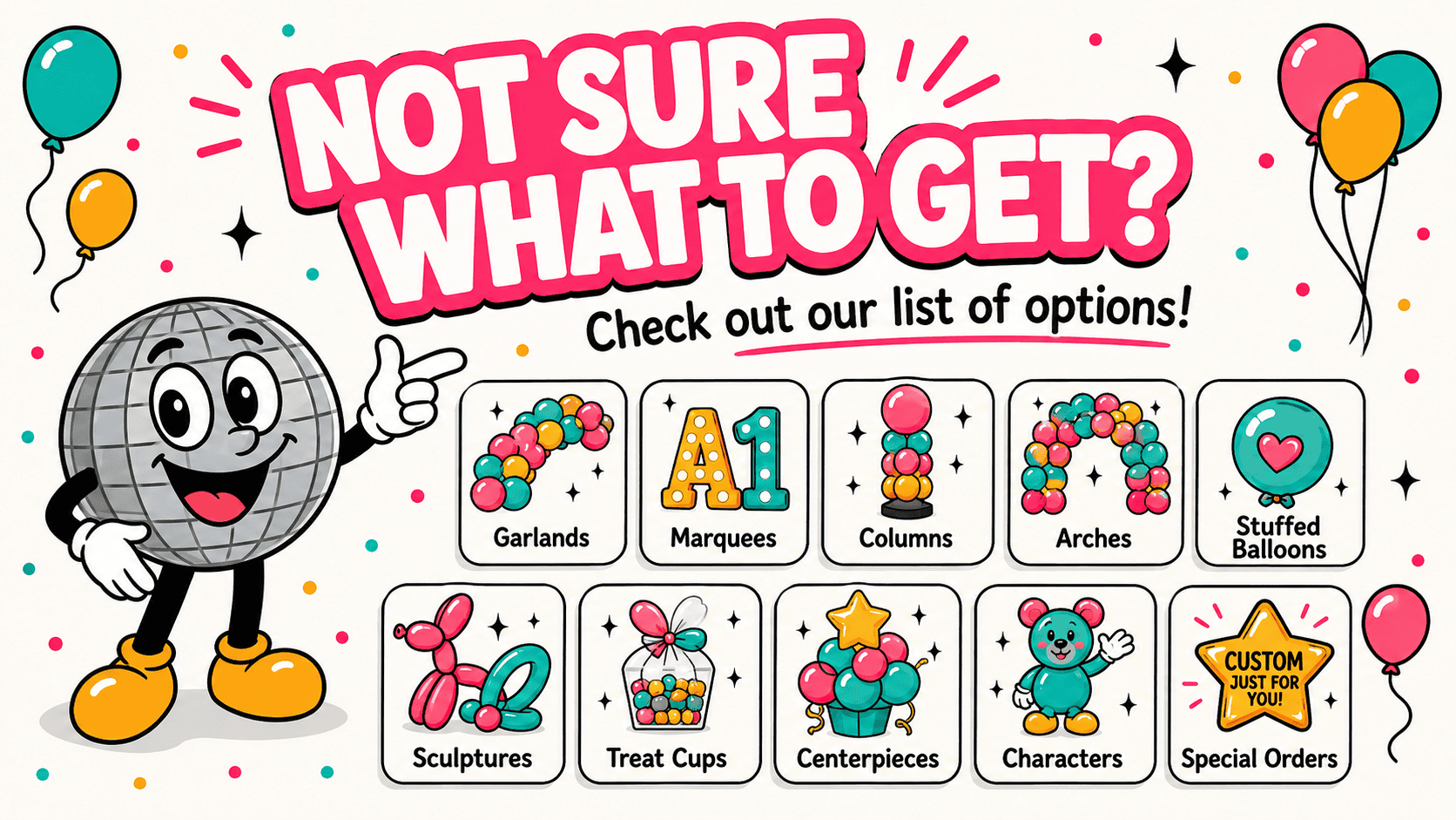 product option image showing all the products available with blow it up parties